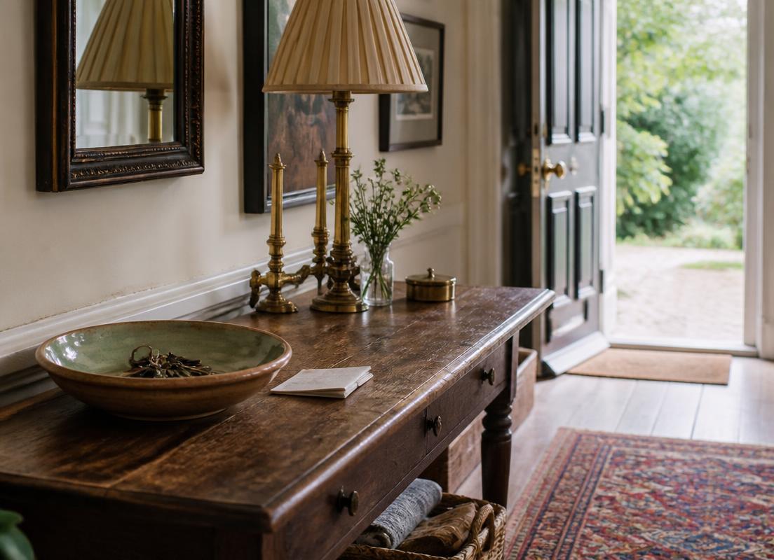 English hallway with an aged wood table and brass lamp