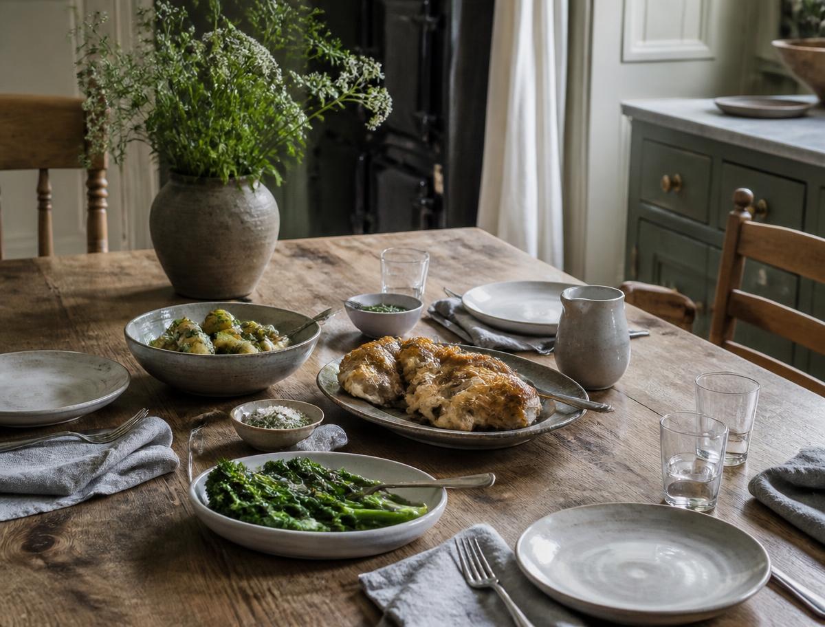 A simple family dinner set on an aged oak table