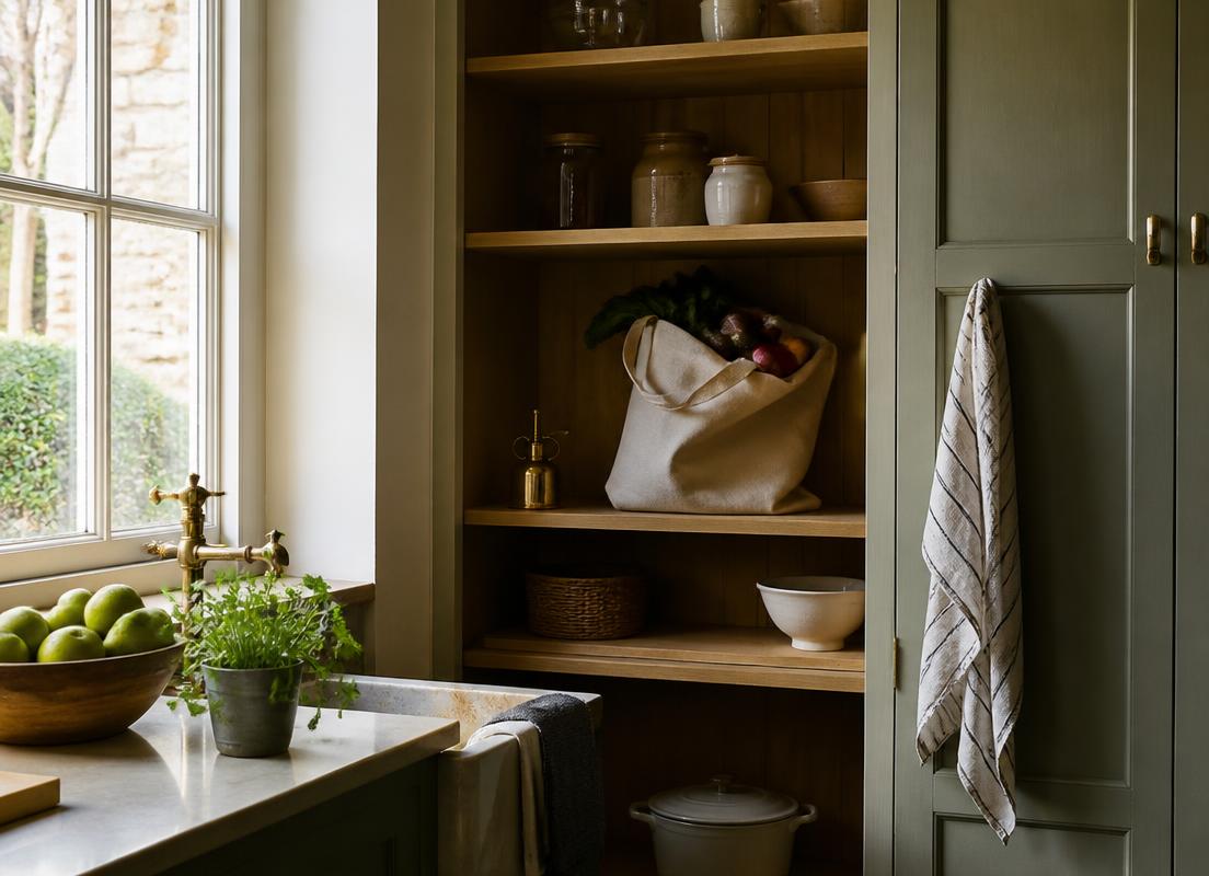 Organised English kitchen pantry with produce and ceramics